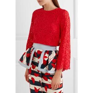 Alice + Olivia Pasha Corded Lace Crop Top Poppy Red Small Zip Back Flare Sleeve